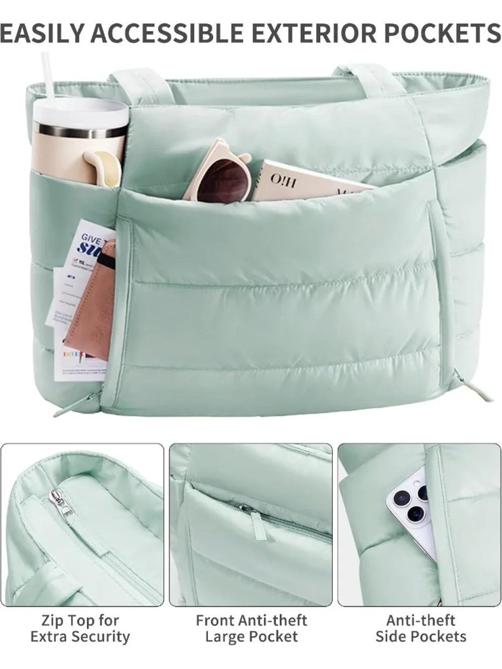 👜Women's Mint Green Puffer Tote Bag 16 Pockets Work Gym Travel Laptop Handbag